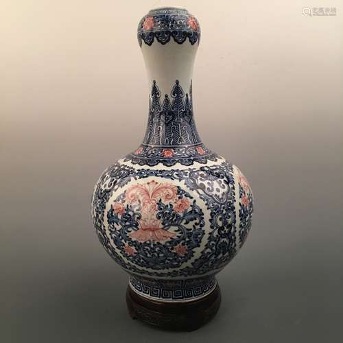 Chinese Blue-White Copper Red 'Floral' Garlic Vase, Qianlong Mark