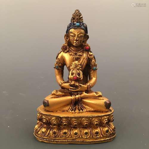 Chinese Gilt Bronze Buddha Figure Inlaid Gemstones