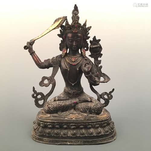 Chinese Bronze Manjushri Figure Inlaid Gemstones