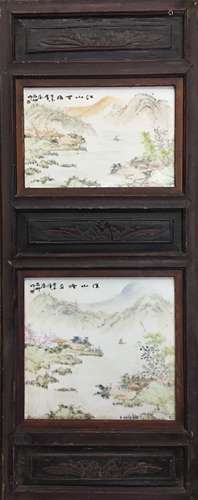 Chinese Wood Framed 'Landscape' Light Colorful Porcelain Painting