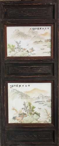 Chinese Wood Framed 'Landscape' Light Colorful Porcelain Painting