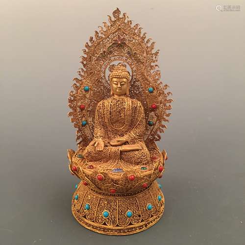 Chinese Gilt Amitabha Figure Inlaid Gemstones