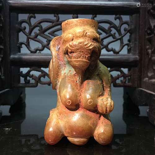 Chinese Hongshan Jade Ruishou Candle Holder