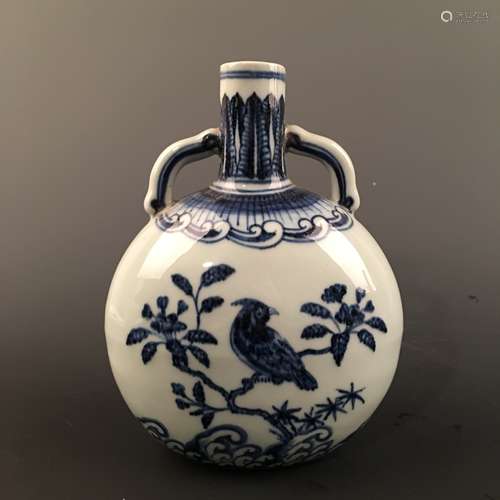 Chinese Blue-White 'Bird & Flower' Moon Flask Vase, Xuande Mark