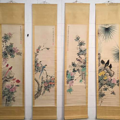 4 Pieces of Chinese Hanging Scroll of 'Birds & Flowers' Painting, Yan Bolong Signature