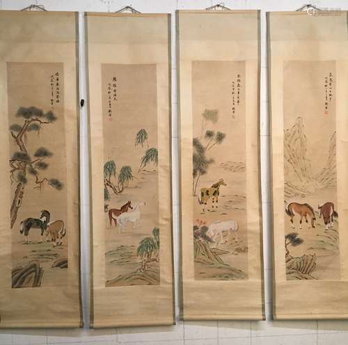 4 Pieces of Chinese Hanging Scroll of Horses, Yang Jin Signature