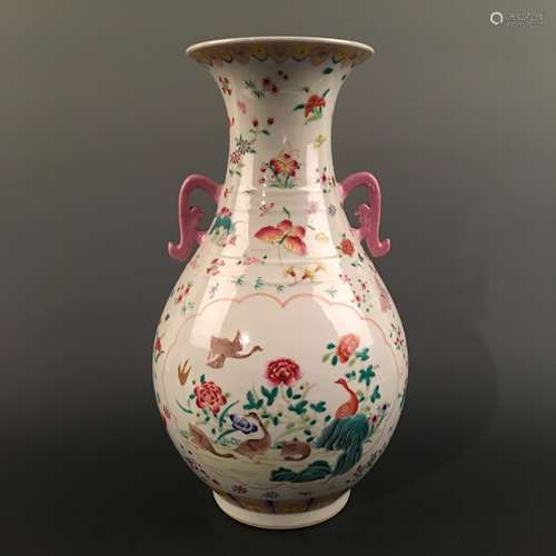 Chinese Famille Rose 'Bird & Floral' Vase, Qianlong Mark