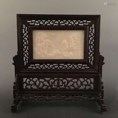 Chinese Hardwood Jade Table Screen