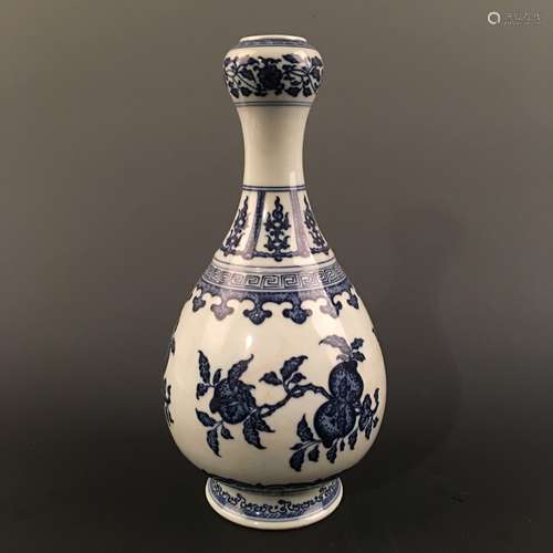 Chinese Blue-White 'Peach' Garlic-Mouth Vase, Yongzhng Mark