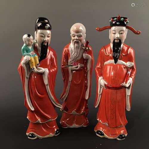 Chinese Famille Rose 'Fu' 'Lu' 'Shou' ( three gods of fortune prosperity and longevity) Figure Statue