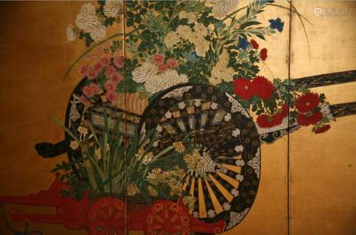 Six Panel Flower Cart Screen, Japan, 18th century