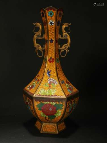 A Chinese Cloisonne Hexa-fortune Yellow Cloisonne Vase