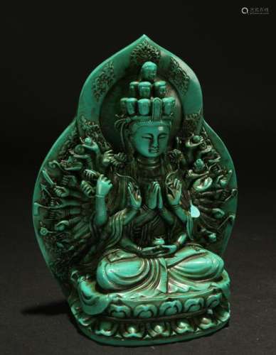 A Chinese Lotus-seated Green Buddha Statue