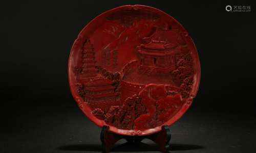 A Chinese Temple-scene Estate Fortune Lacquer Plate