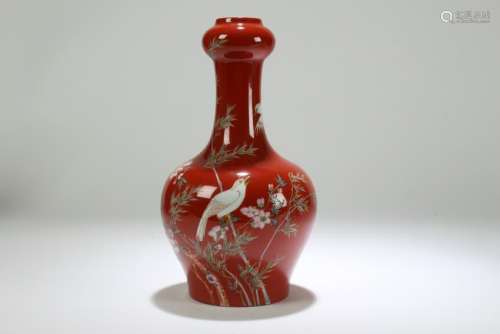 A Chinese Garlic-head Red Fortune Porcelain Vase