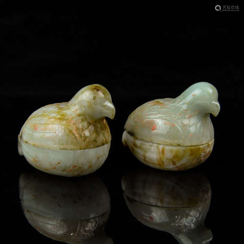 A Pair of Chinese Carved Jade Bird-Shape Box with Covers