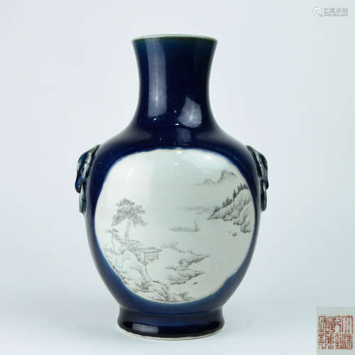 A Chinese Blue Ground Famille-Rose Porcelain Vase