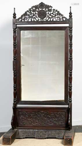 Chinese Carved Wooden Floor Cheval Mirror
