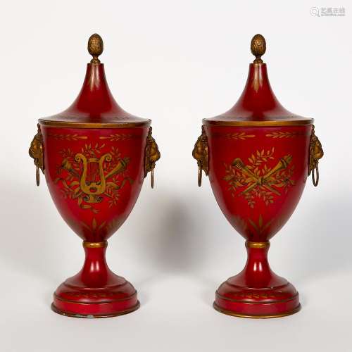 Pair, Red Tole Painted Regency Style Chestnut Urns
