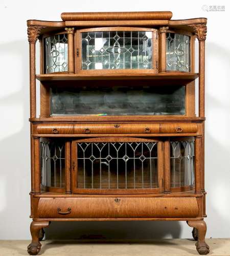 Tiger Oak and Leaded Glass Panel Buffet