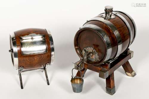 Two English Silverplate and Oak Barrel Dispensers