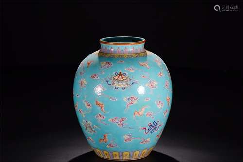 A Chinese Turquoise-Green Glazed Famille-Rose Porcelain Jar