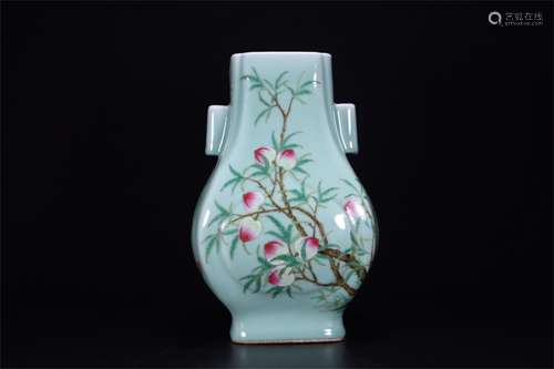 A Chinese Celadon Famille-Rose Porcelain Square Vase