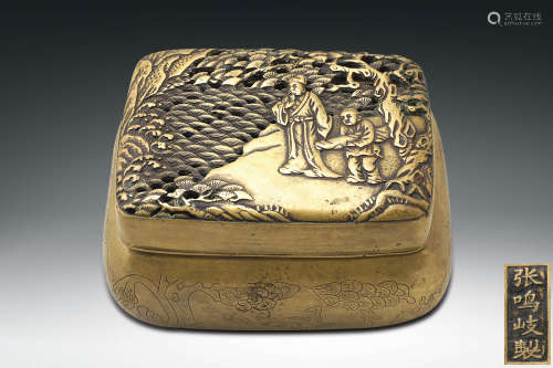 清  張鳴岐製銅雕人物紋暖手爐