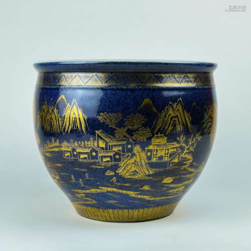 A Chinese Blue Glazed Porcelain Scroll Bowl