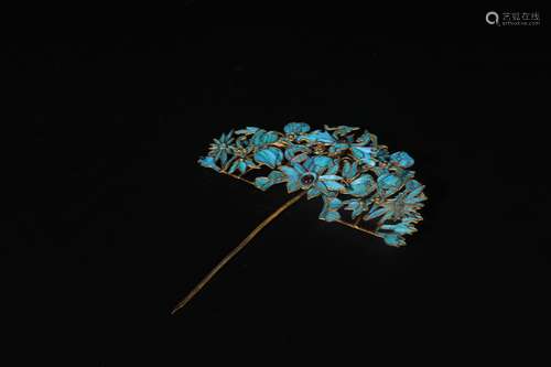 A Chinese Gilt Silver Kingfisher Hair Pin