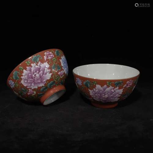 A Pair of Chinese Coral-Red Glazed Famille-Rose Porcelain Bowl