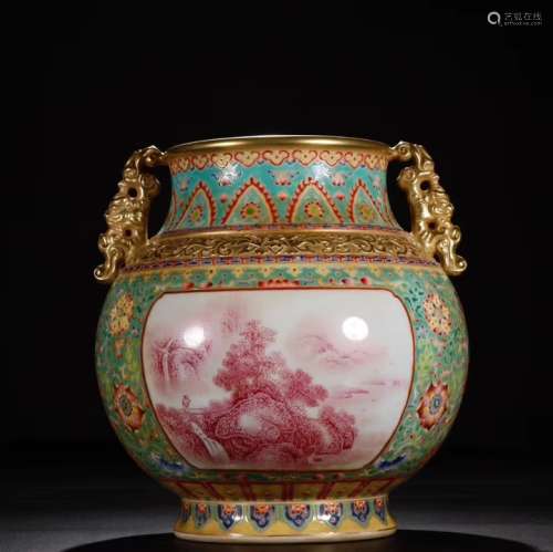 A Chinese Turquoise-Green Glazed Famille-Rose Porcelain Vase