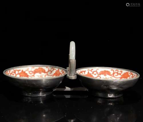 A Chinese Tin Ware with Two Iron-Red Porcelain Dishes and Carved Jade Ring Inlaid