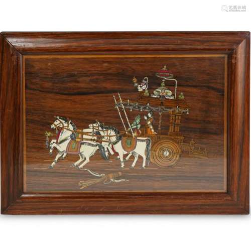 Indian Bone and Pearl Inlaid Wooden Plaque