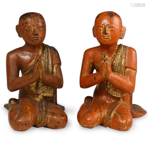 Pair of Burmese Wood Carved Kneeling Monks