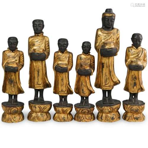(6 Pc) Wood Carved Buddha Figurines