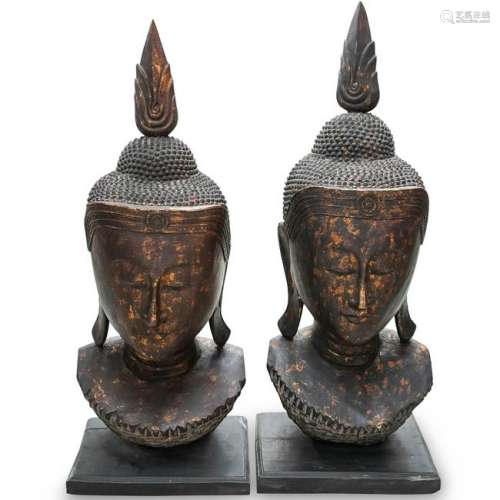 Pair of Thai Gilt Wood Buddha Head Statues