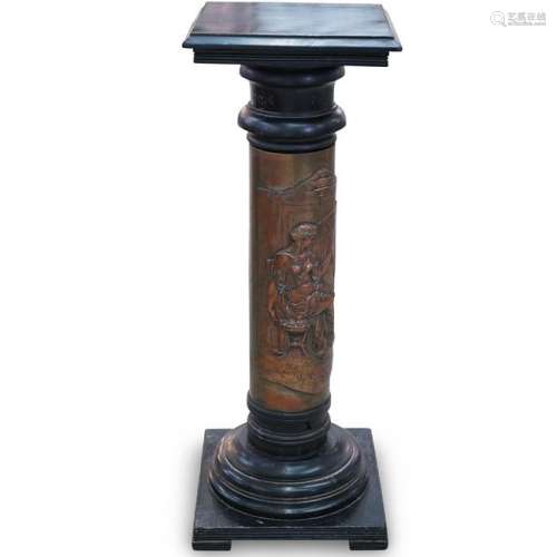 Ebonized Wood Pedestal with Copper Relief