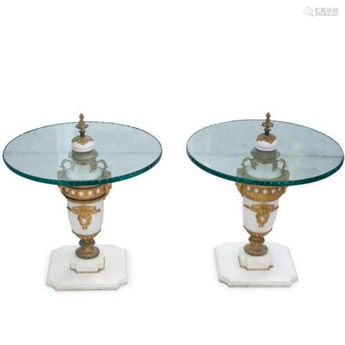 Pair Of Marble, Bronze and Glass Tables