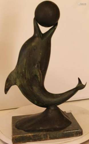 Dolphin at Play - Signed, Patina Bronze Sculpture