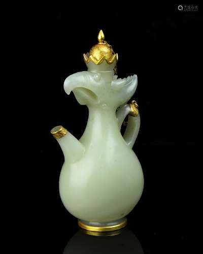 A Chinese Carved Jade Wine Pot with Gold Inlaid