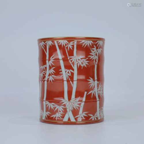 A Chinese Coral-Red Porcelain Brush Pot