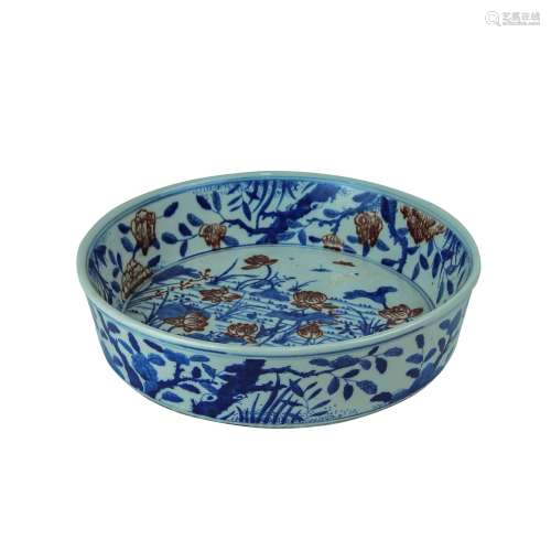 A Chinese Iron-Red Blue and White Porcelain Brush Washer