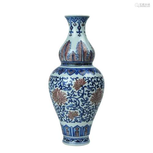 A Chinese Iron-Red Blue and White Porcelain Double Gourd Vase