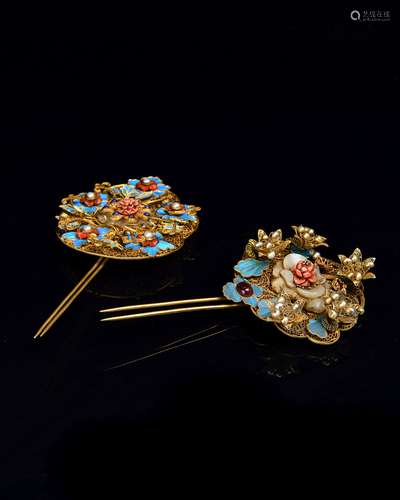 A Pair of Chinese Gilt Silver and Kingfisher Hair Pin