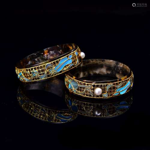 A Pair of Chinese Gilt Silver and Kingfisher Bracelet