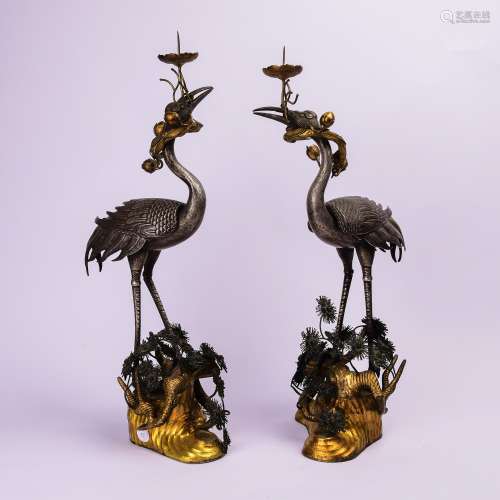 A Pair of Chinese Gilt Bronze Cranes