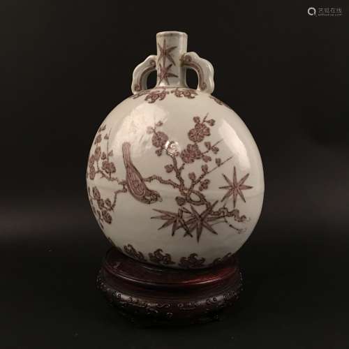 Chinese Copper Red 'Bird&Flower' Moon Flask Vase