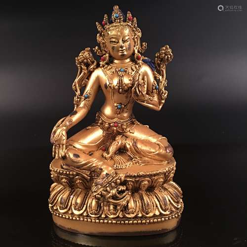 Chinese Gilt Bronze Tara Figure, Inlaid Gemstones