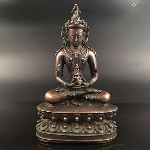 Chinese Bronze Amitayus Figure, Inlaid Gemstones